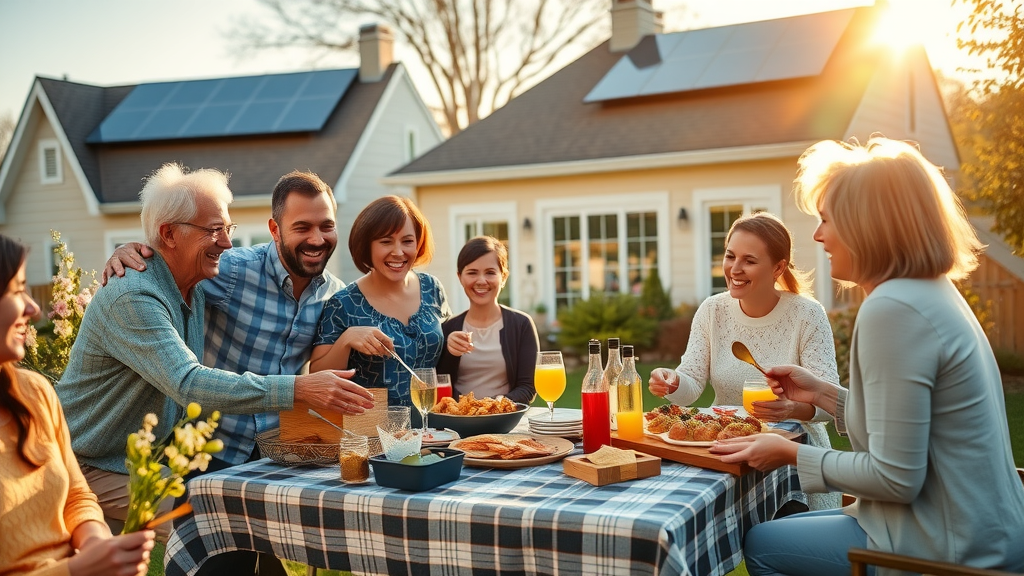 long-term value solar savings in nj happy homeowners solar panels backyard barbecue