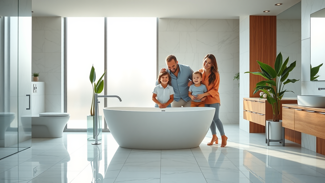modern luxury bathroom renovation New Jersey showing family enjoying new contemporary space with warm sunlight and elegant fixtures