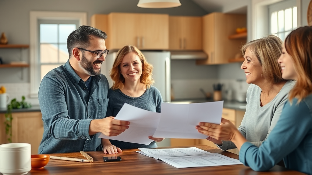Happy family with experienced New Jersey bathroom remodel contractor discussing project details in a bright kitchen, cozy atmosphere.