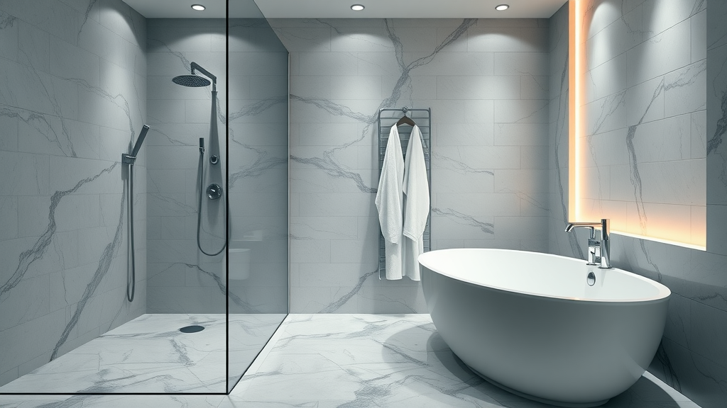 luxury bathroom remodel in northern New Jersey with walk-in shower and freestanding tub, spa lighting, and modern finishes