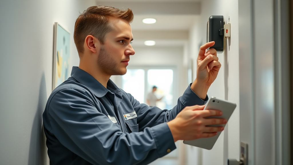 Technician installing a smart device on a wall, ensuring seamless smart home system integration in a modern hallway