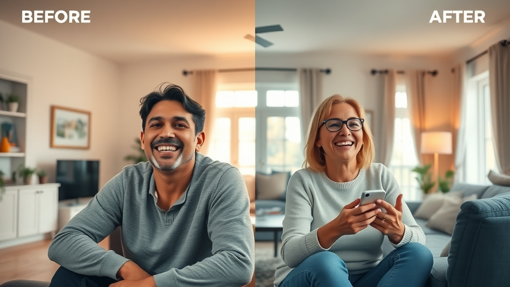 Split-screen transformation of a family living room showing before and after top smart home installation service with modern automated features
