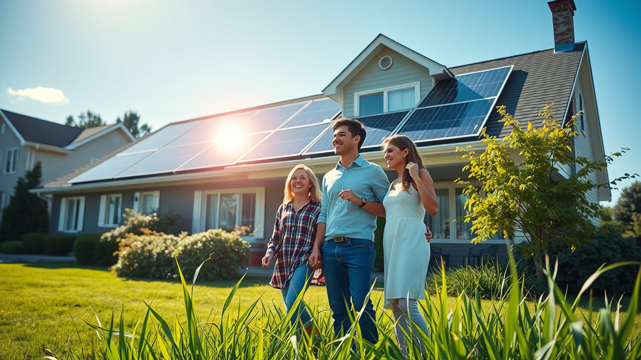 modern suburban New Jersey home with solar panels and satisfied family in landscaped yard, solar panels shining under clear blue sky