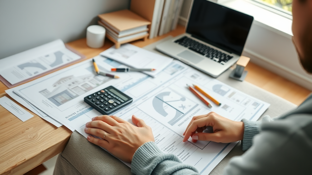 homeowner reviewing bathroom renovation New Jersey budget with calculator and plans in stylish workspace