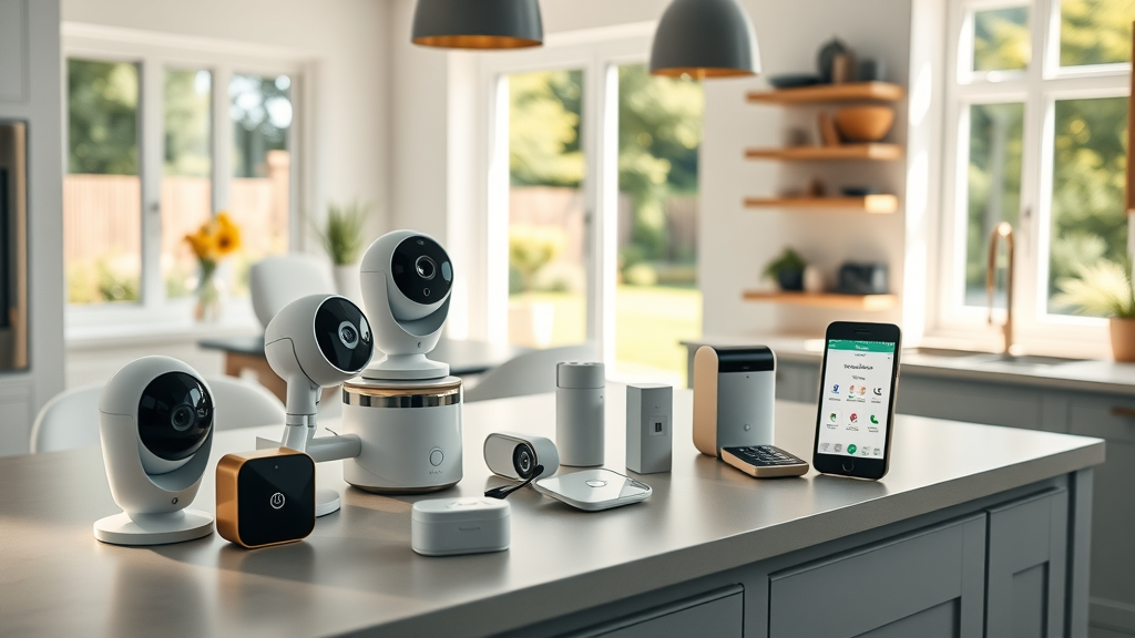 sleek smart home security devices on kitchen island including cameras, sensors, and smart lock with security app | Smart Home Security