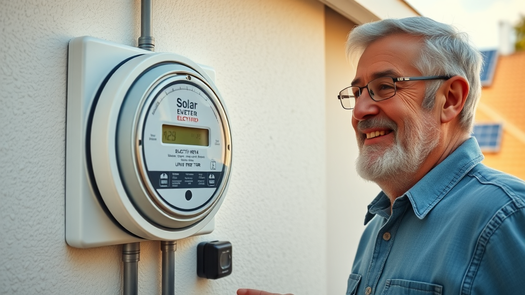 happy NJ homeowner pointing to electric meter running backward, solar net metering credits