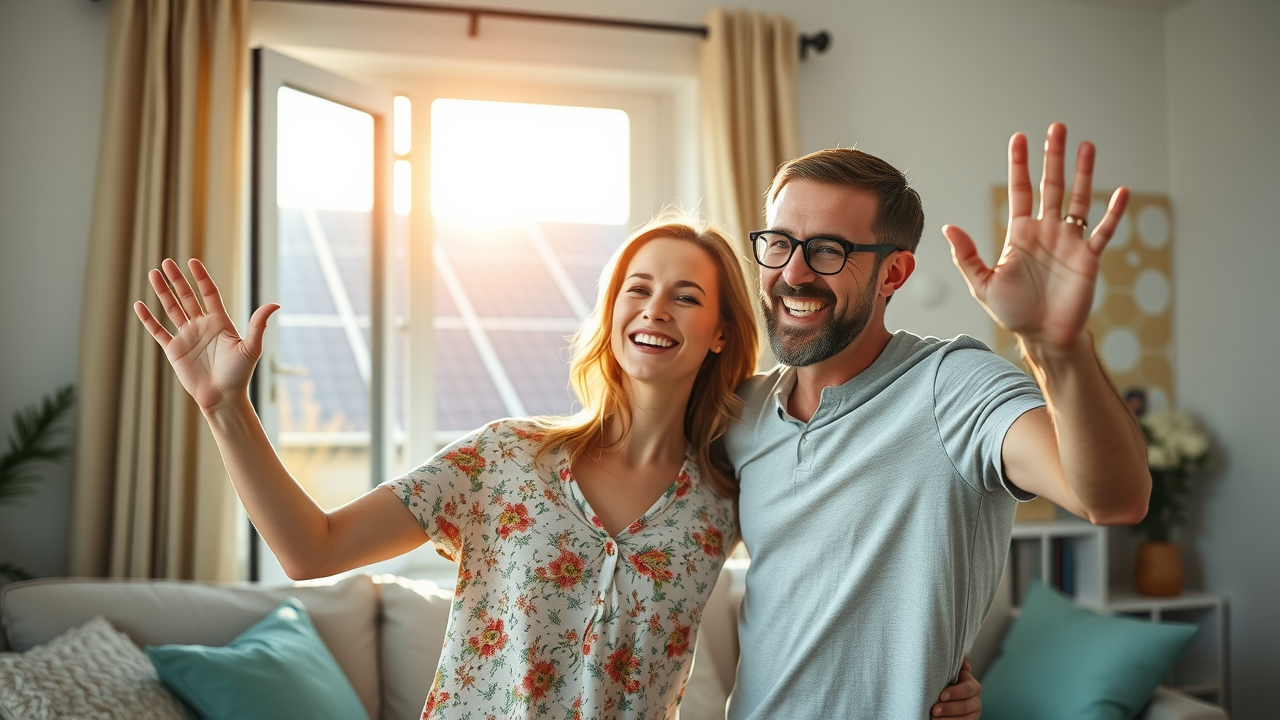 optimistic NJ family showing energy bill savings with solar, comparison chart in living room, sunlit solar panels outside