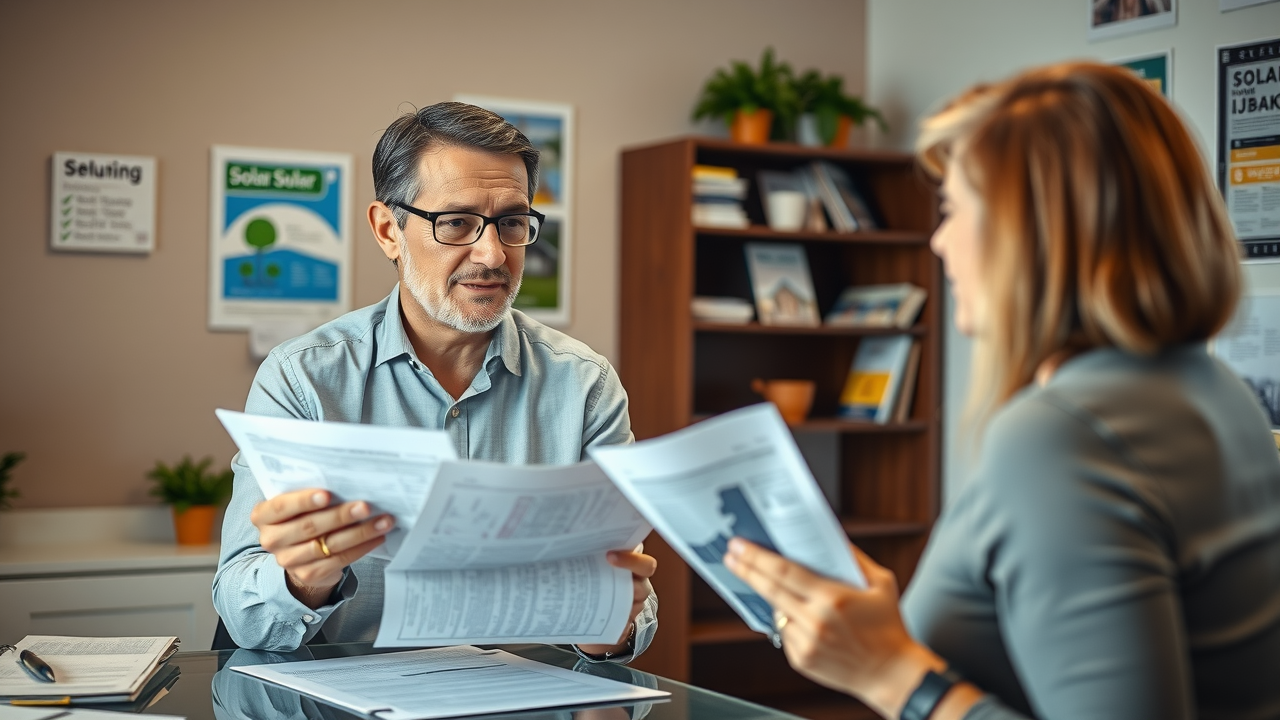 NJ solar consultant reviewing rebate paperwork with homeowner, solar incentives and rebates explained, photorealistic detailing