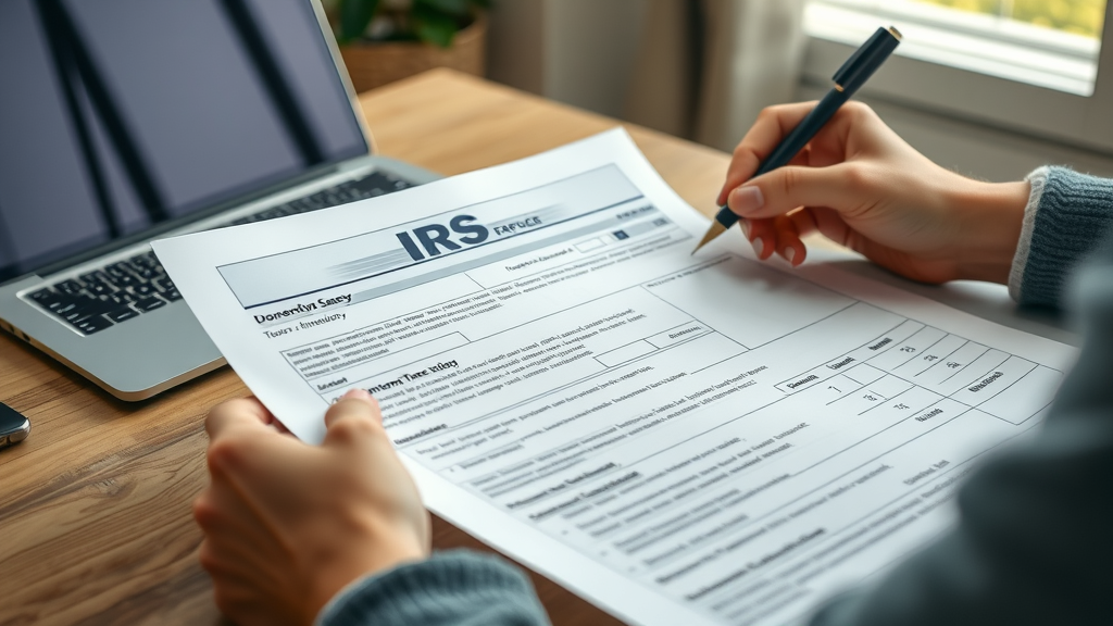 Homeowner reviewing IRS solar tax credit documents for NJ solar incentives and rebates, natural daylight home office, tax forms