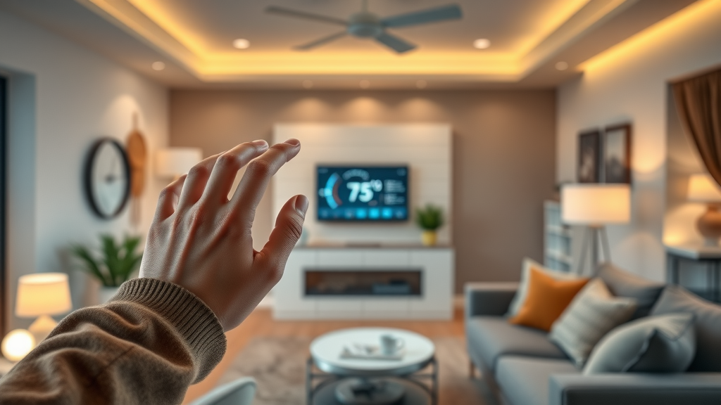 Elegant smart home interior in New Jersey, adjusting smart thermostats and mood lighting