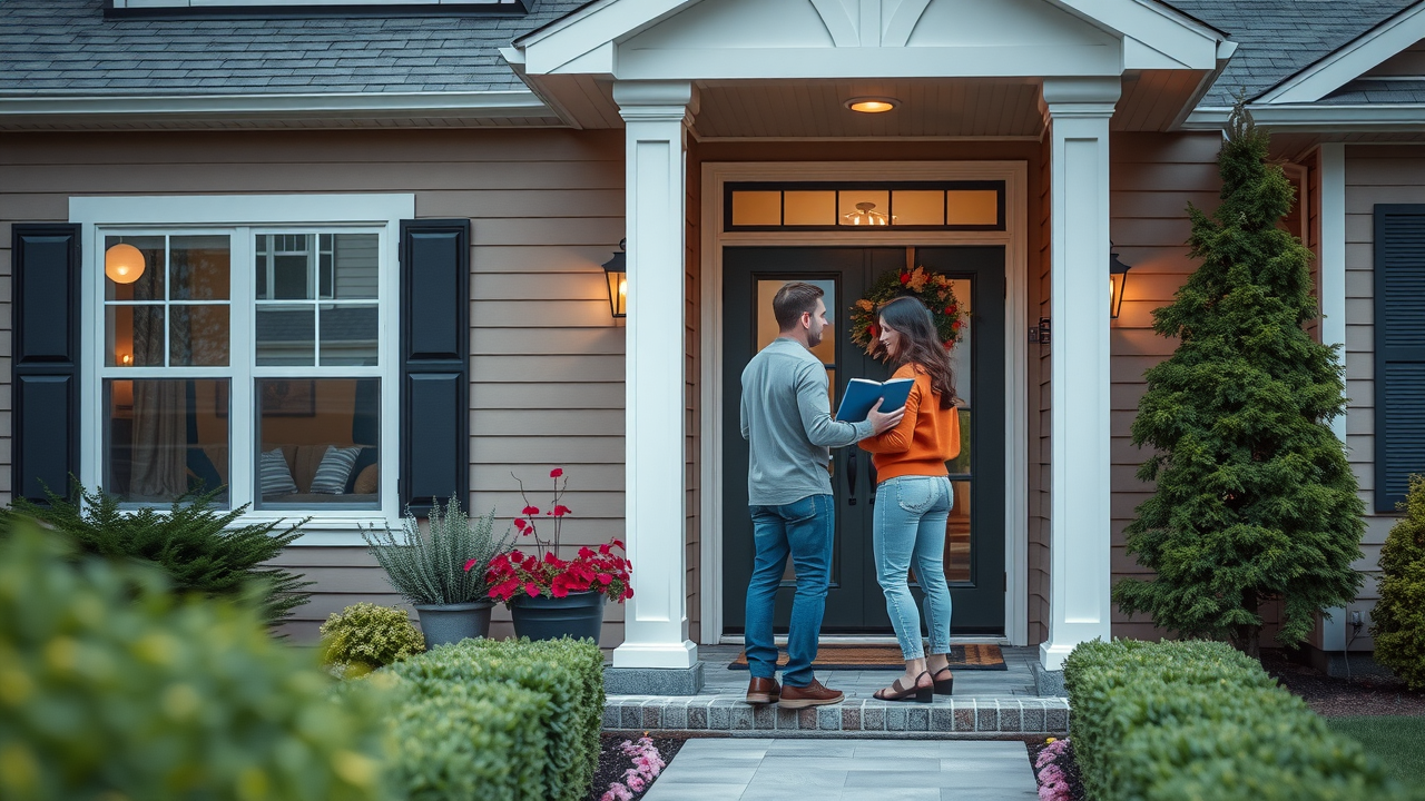New Jersey home with homeowners engaging with a smart home security system panel by the front door, displaying visible security signage. Smart home security system in NJ.