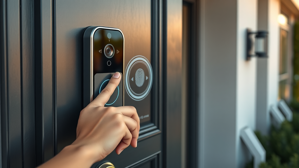 close-up of smart lock and video doorbell with digital access interface on modern front door | Smart Lock Trends