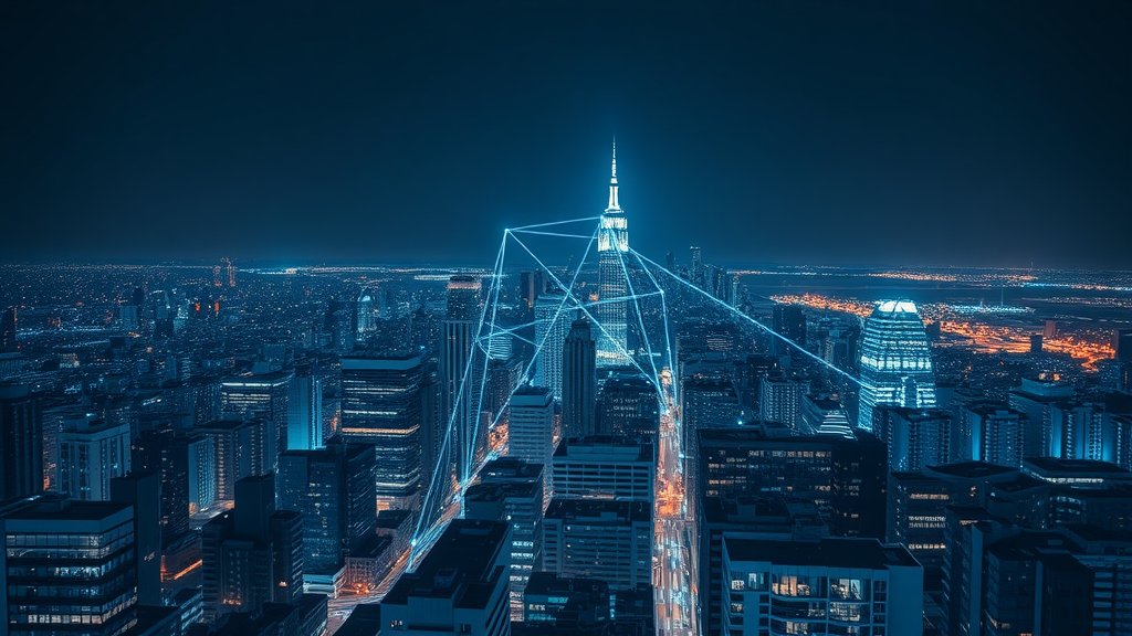 AI neural network visualization over city skyline highlighting predictive analytics for smart home security