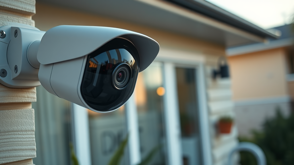 Close-up of modern smart security camera mounted to home exterior for 24/7 property surveillance