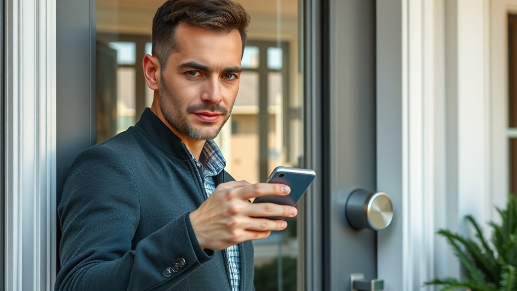 Modern front door featuring cutting-edge smart lock unlocked via smartphone for secure entry
