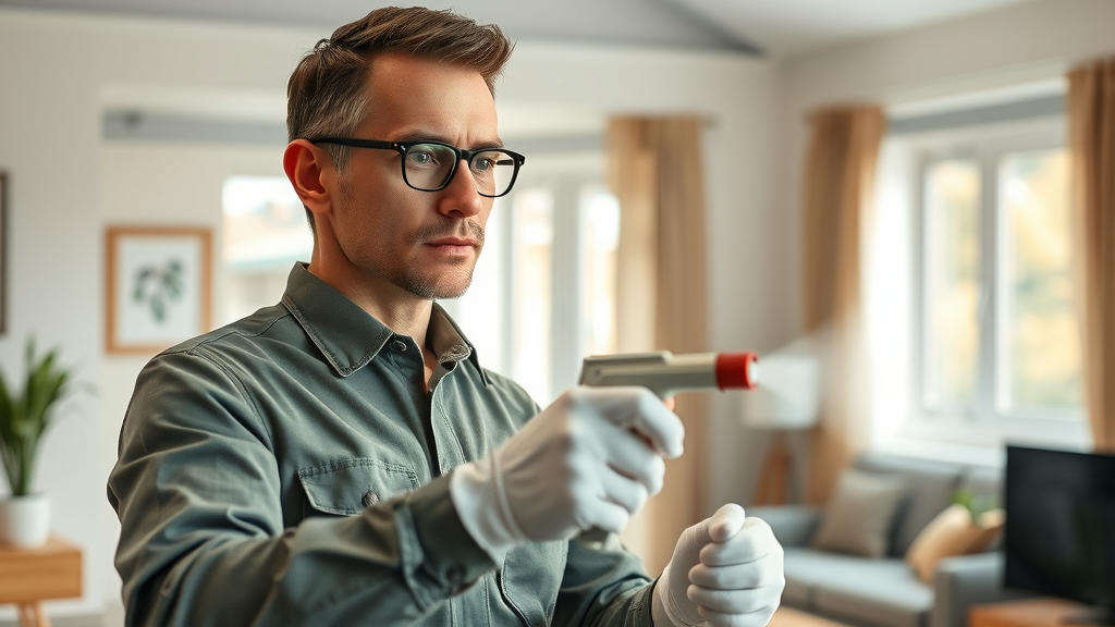 Uniformed pest control technician applying eco-friendly pest treatment in a NJ home