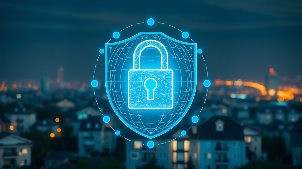 digital shield and padlock overlay smart home with secure wireless signals at night | Cybersecurity in Home Security Technology