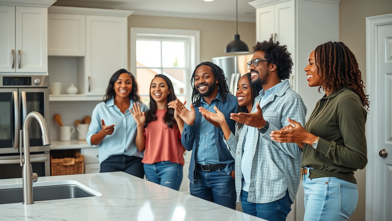 diverse home buyers staged new jersey kitchen excited modern appliances