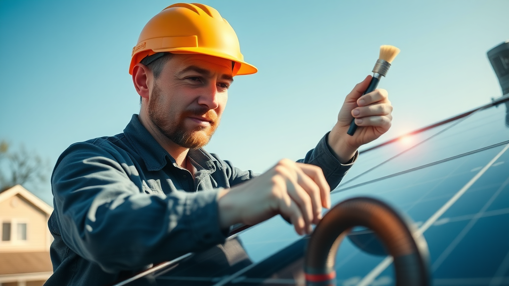solar panel technician cleaning rooftop panels for maintenance in New Jersey