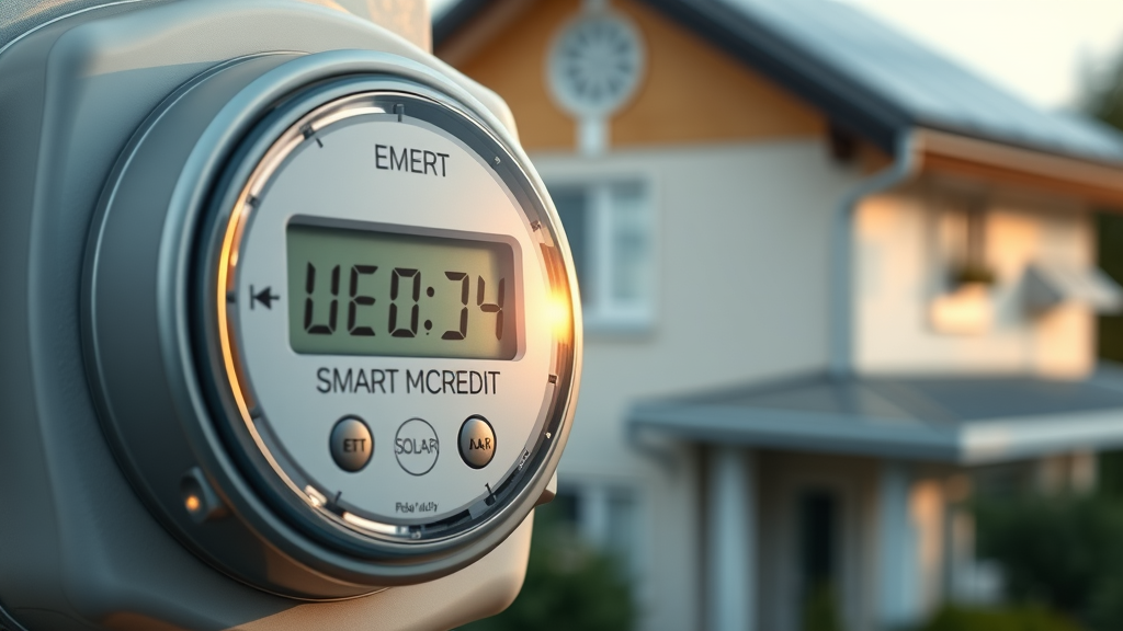 Digital smart energy meter displaying credits, NJ solar home, benefit of net metering and solar incentives, photorealistic, rooftop solar panels