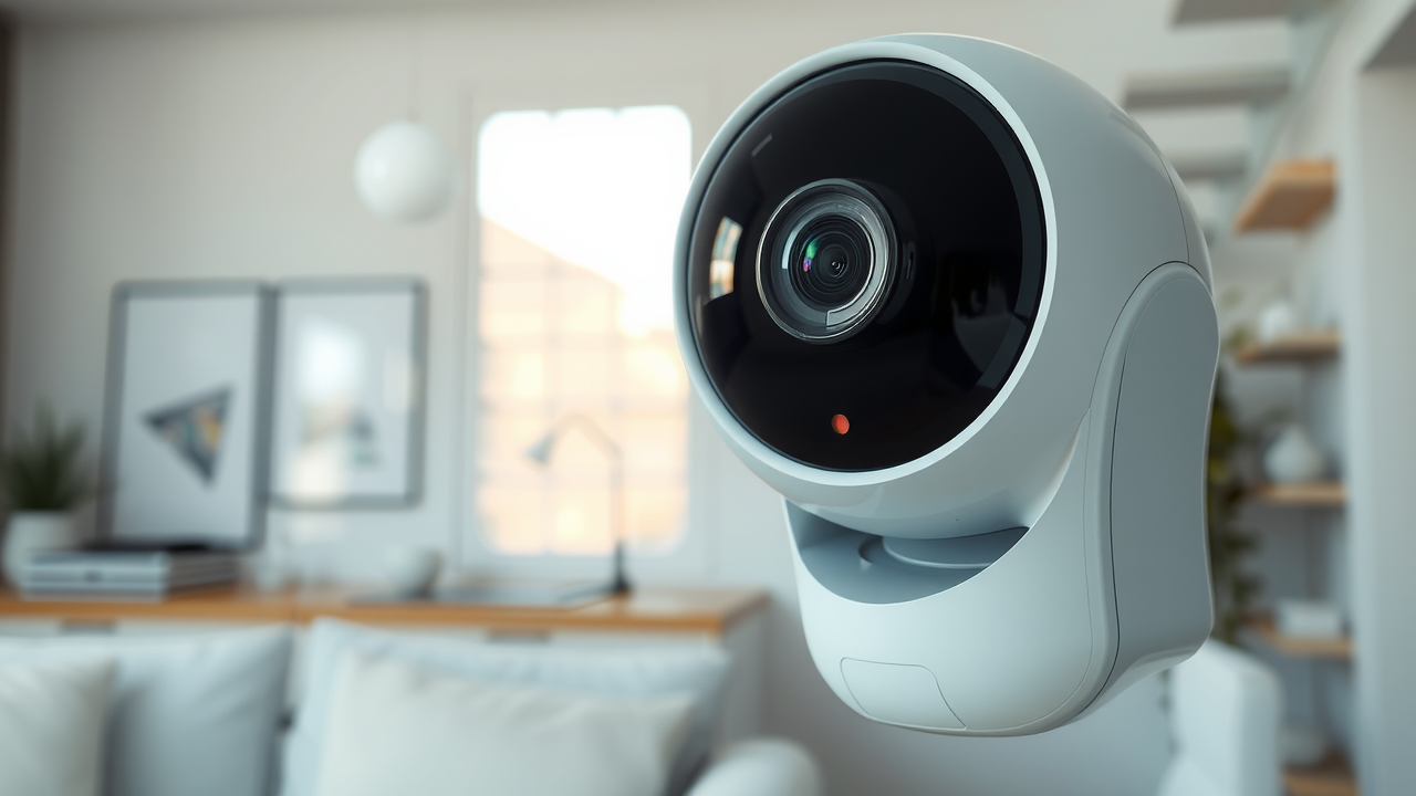 Close-up of a modern smart security camera with home security system integration in NJ. High-fidelity lifelike interior, minimalistic décor and daylight.