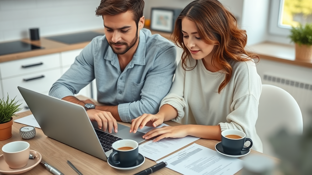 nj home staging companies - couple researching reviews and portfolios of home staging services on laptop