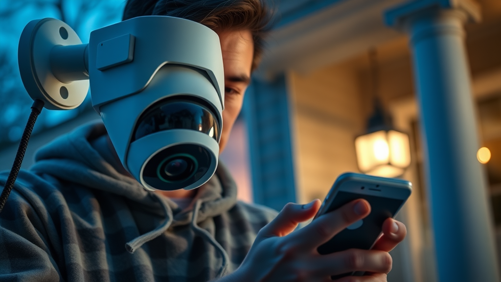 Smart security camera close-up vigilant NJ homeowner reviewing mobile alerts|nj home automation security