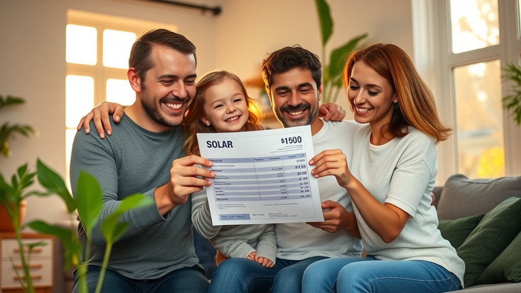 Happy NJ family celebrating lower utility bill after solar panel installation, NJ solar incentives savings, sunlit living room, photorealistic