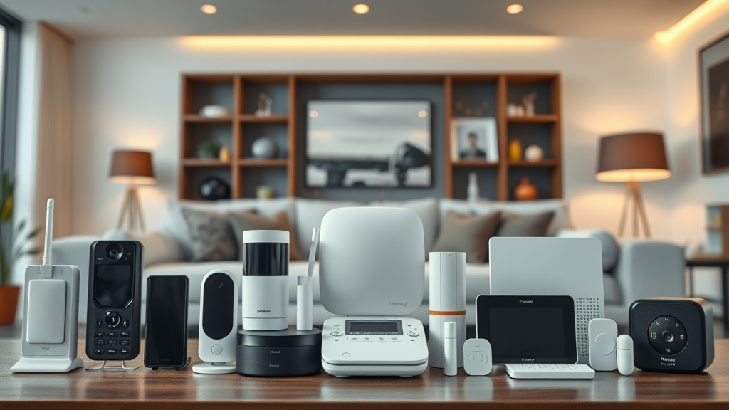 Sleek modern security gadgets comparison with traditional alarm equipment in a smart home setting