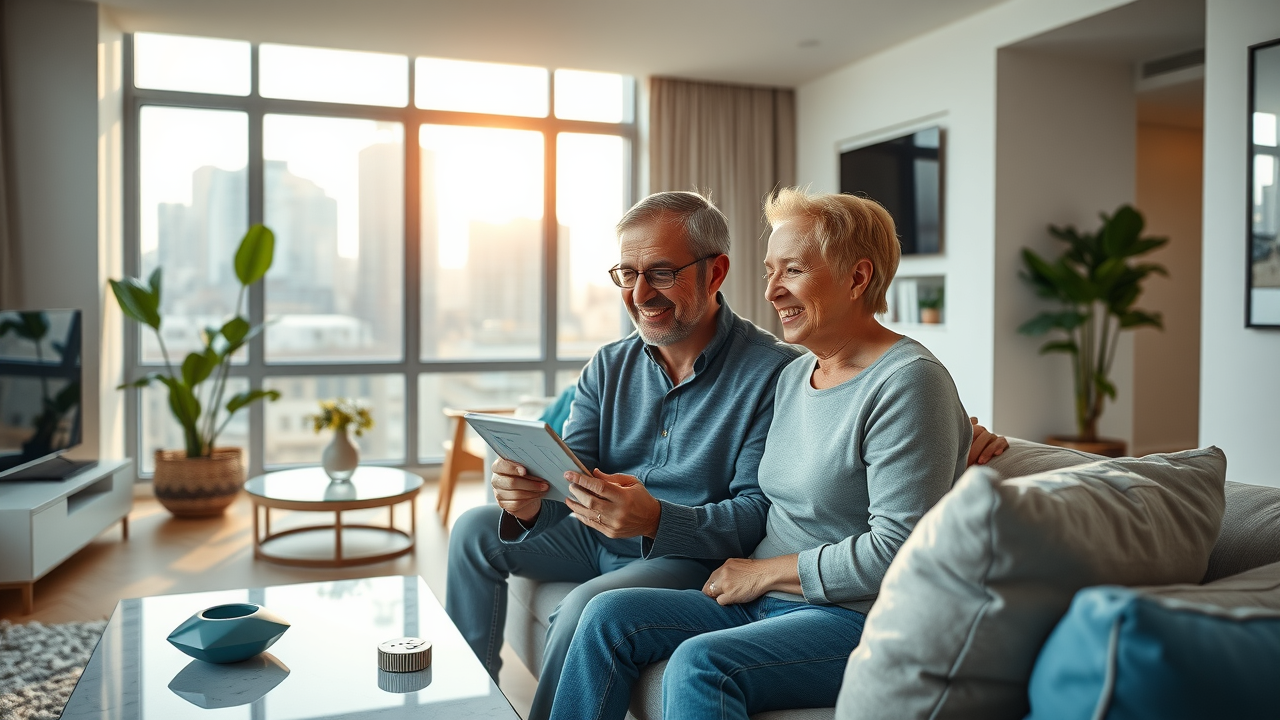 modern living room with homeowners exploring smart home dashboard on tablet, smart home system installation in a stylish setting