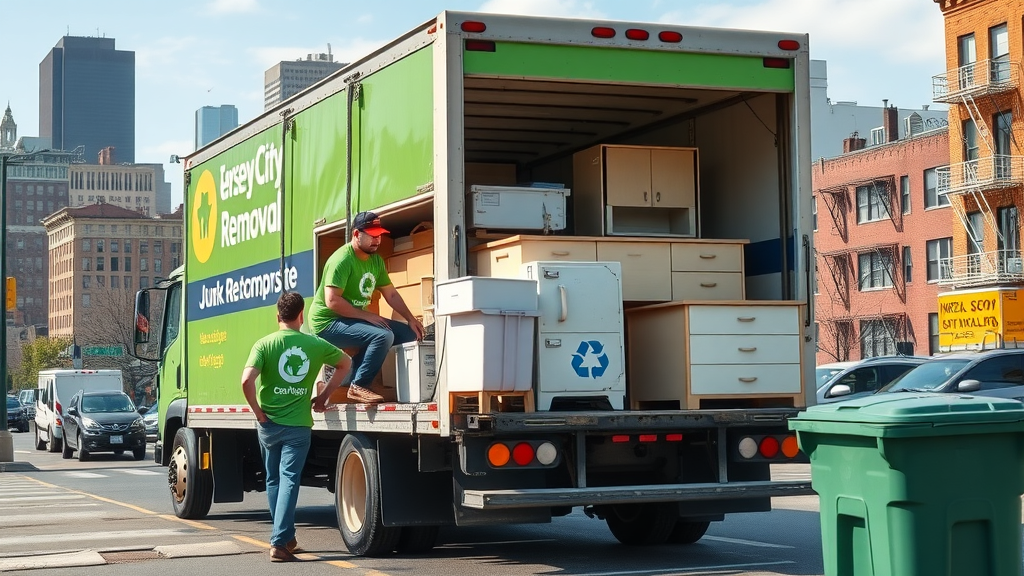 eco-friendly junk removal NJ truck, recycling crew in green uniforms loading items, Jersey City skyline