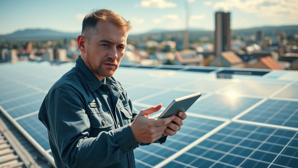 Solar panel technician checking panels on New Jersey roof, solar installation companies new jersey