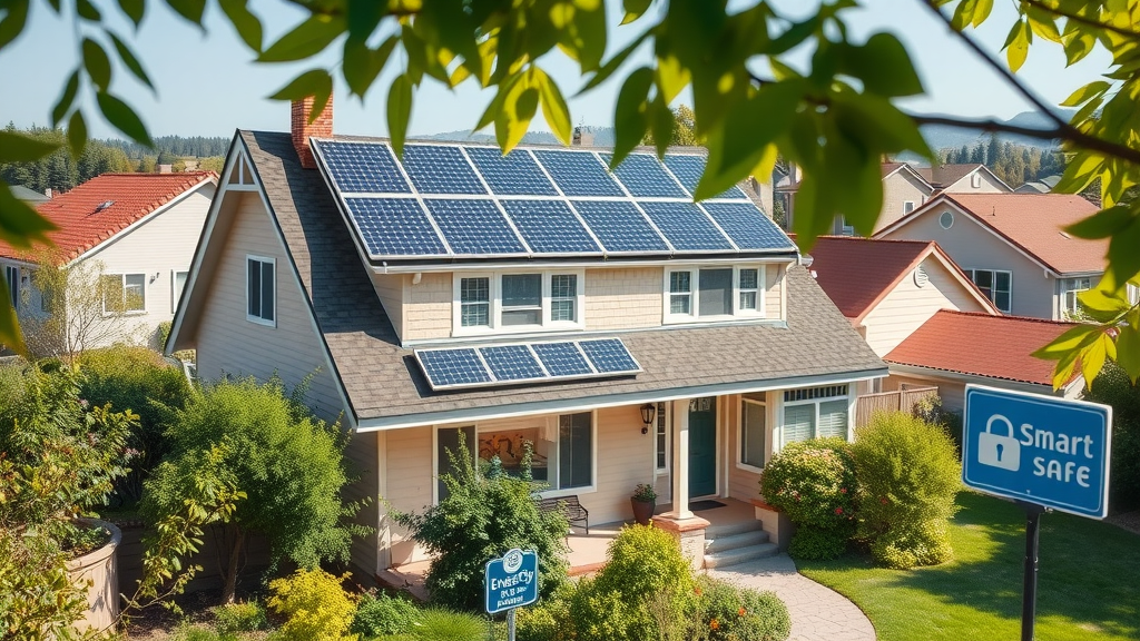 eco-friendly smart home in New Jersey with solar panels and smart security sign, benefits of smart security system