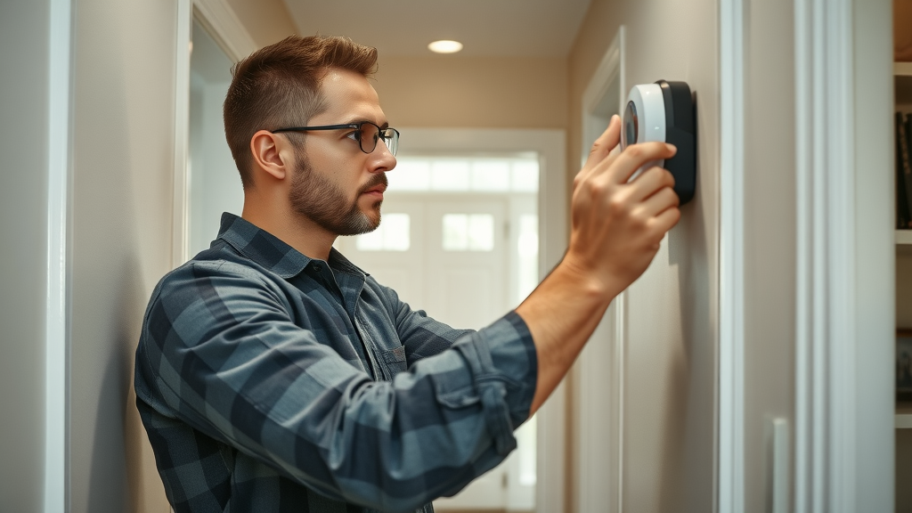 technician installing smart thermostat in organized home hallway for smart home system installation