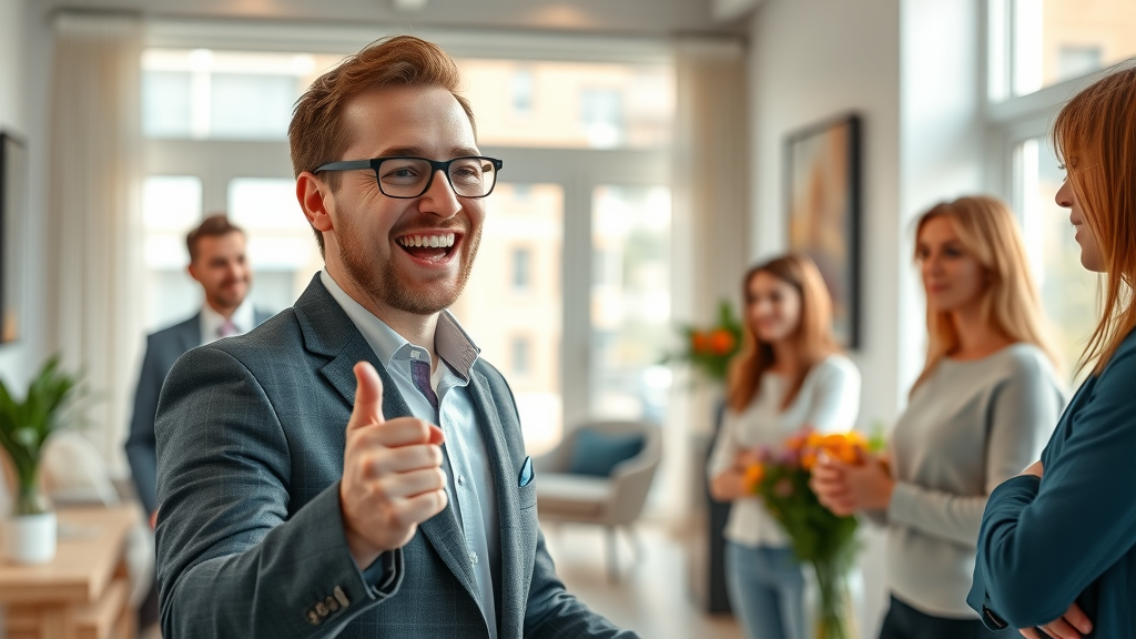 energetic real estate agent showing staged home to interested buyers, showcasing value of home staging benefits