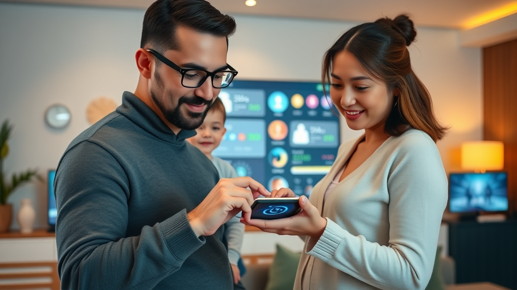 Family using smart home dashboard in New Jersey living room with connected devices and glowing icons