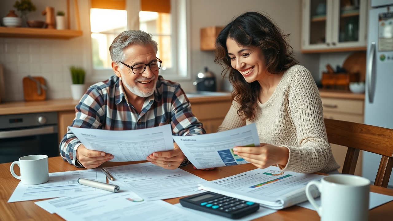 cheerful NJ homeowner with financial documents and rebate checks, solar incentives paperwork on kitchen table