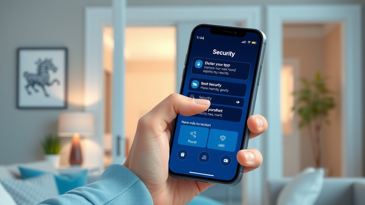 Hand using mobile app to control smart home security system in a New Jersey home, showing notifications and automation on screen. Mobile app for smart home security in NJ.