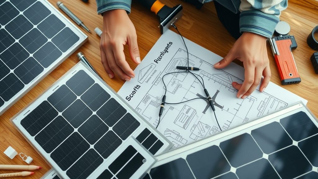 close-up of solar panel types and brands with professional installer, tools, wiring and blueprints on table