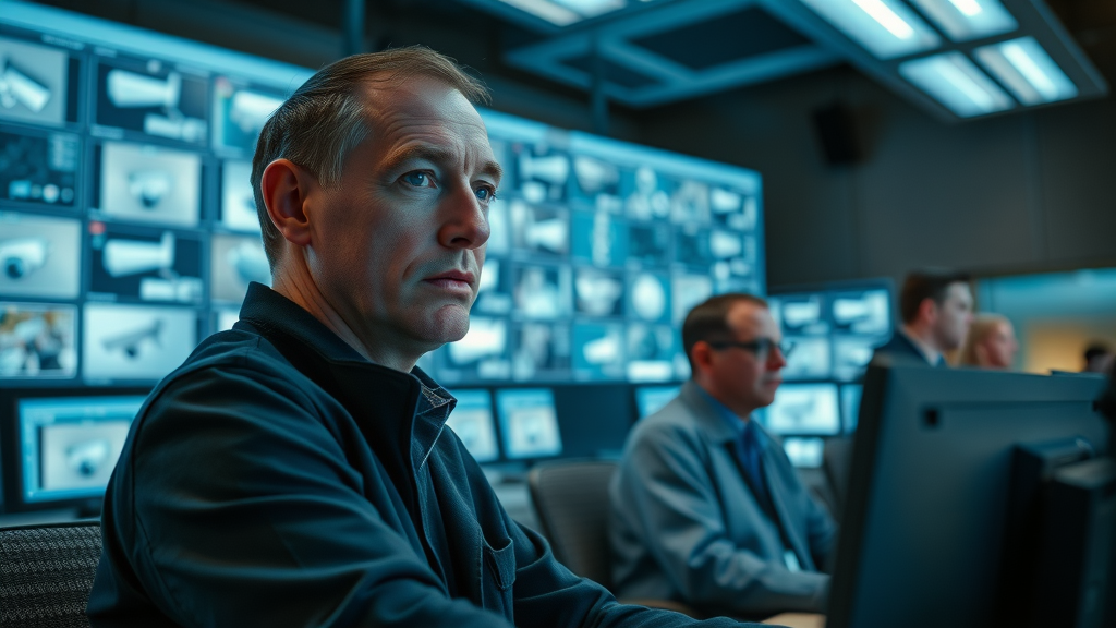 Professional monitoring center with vigilant operators watch multiple smart security system feeds on high-tech screens