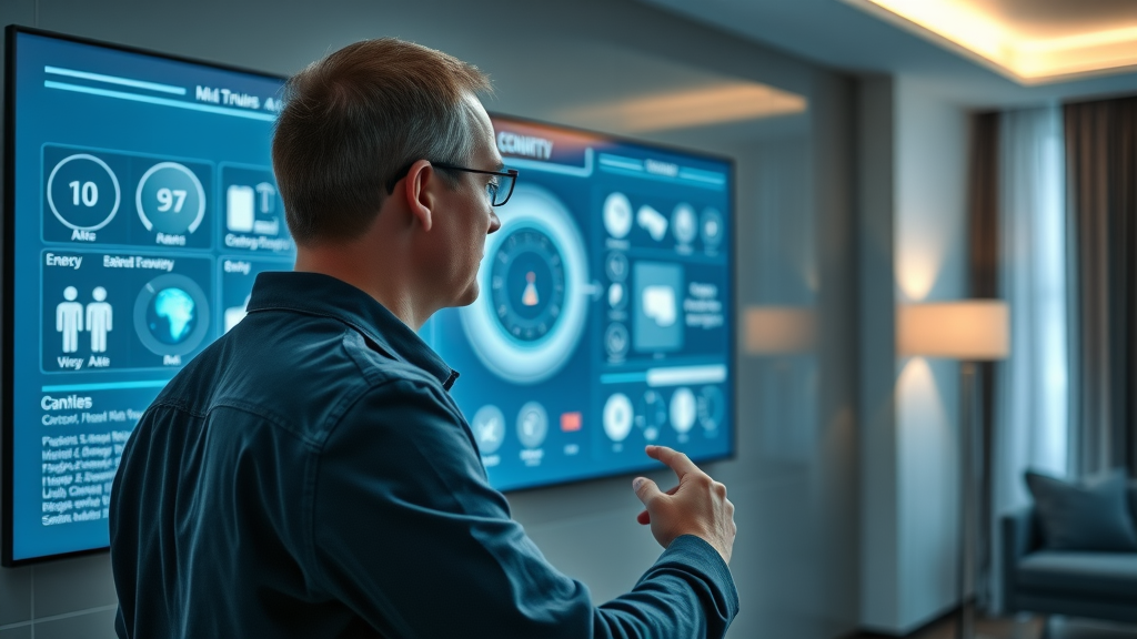 user evaluating features of smart security system in New Jersey home on touchscreen control dashboard, smart home benefits