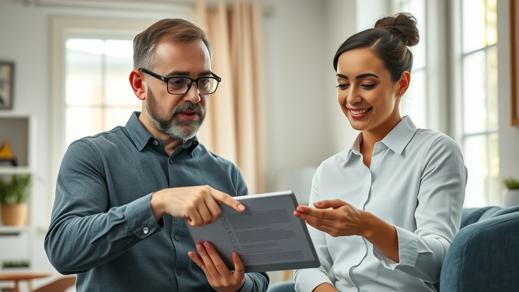 Homeowner consulting a security professional discussing smart security device options with a checklist