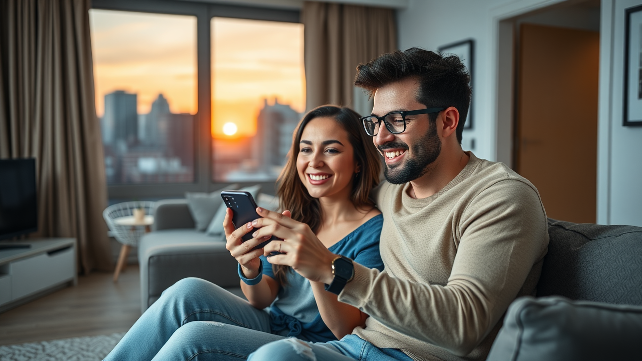 modern NJ apartment couple using mobile app for smart security system