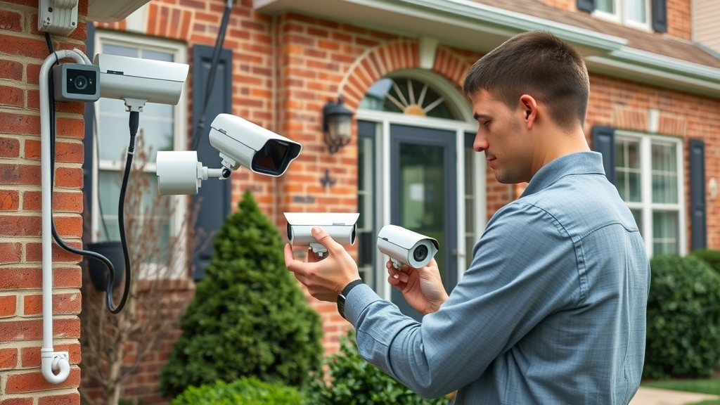 Technician installing wired and wireless security cameras on New Jersey home for home security in New Jersey