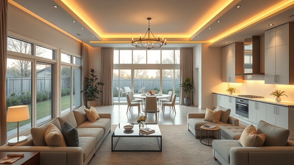 elegant modern living space automated smart lighting NJ home controls large windows lifelike photography
