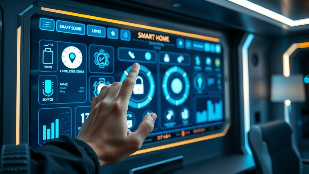 Smart home dashboard screen displaying connected smart security devices and automation options