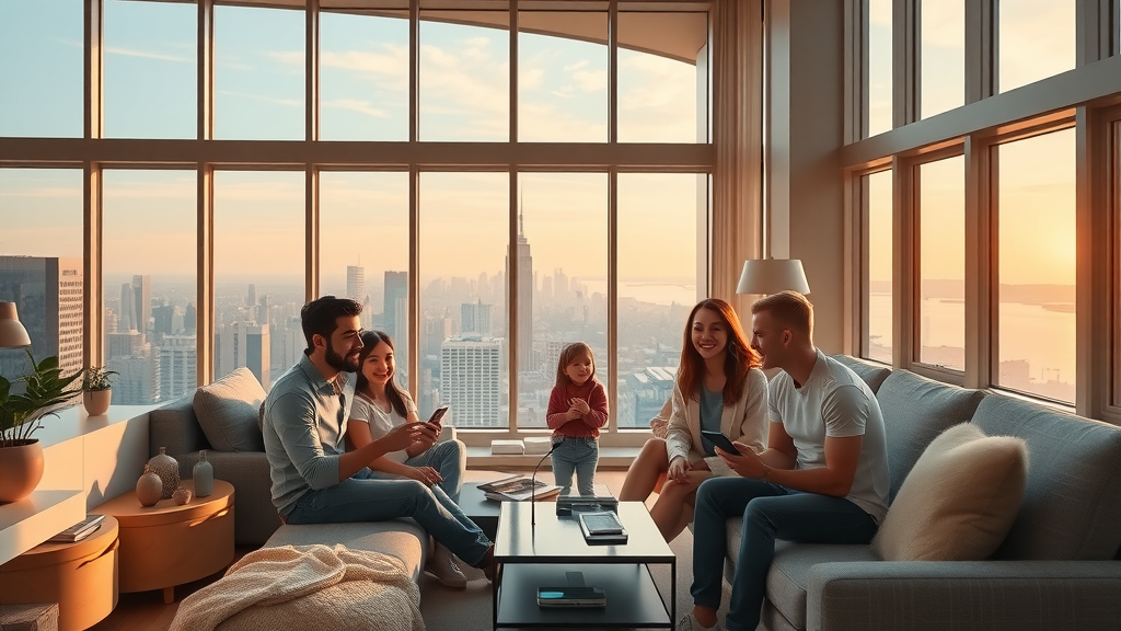 Upscale New Jersey living room with advanced smart home technology and panoramic views