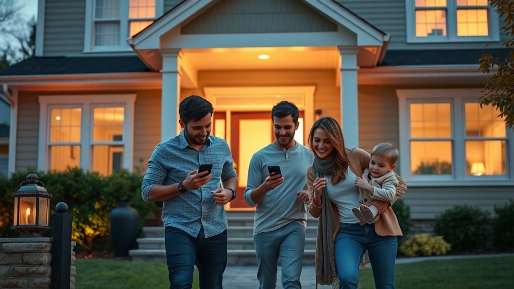Modern NJ home with security cameras and smart lighting, family using smartphone for home control