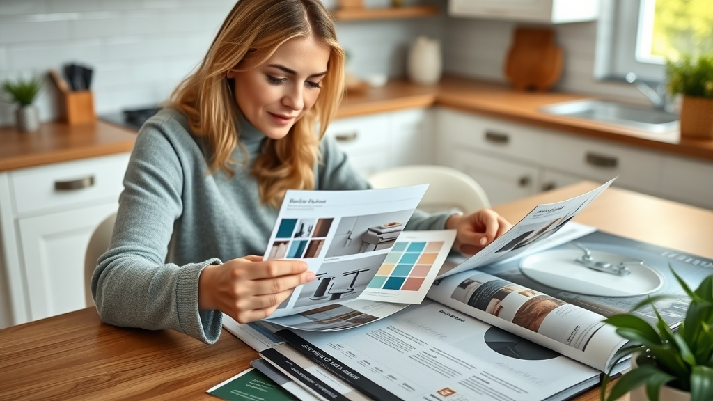 Savvy homeowner comparing tile and fixture samples for cost of bathroom renovation New Jersey