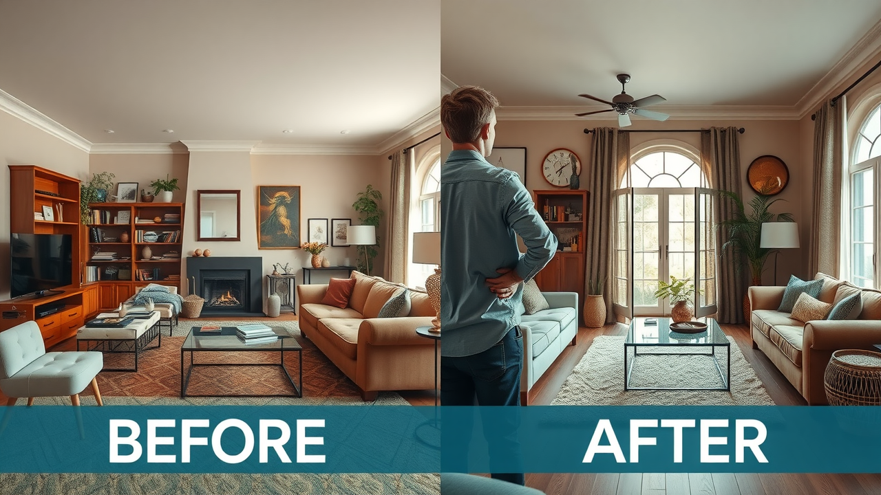 Before and after transformation of a living room by a professional home staging company in NJ, confident home stager adjusting vase.